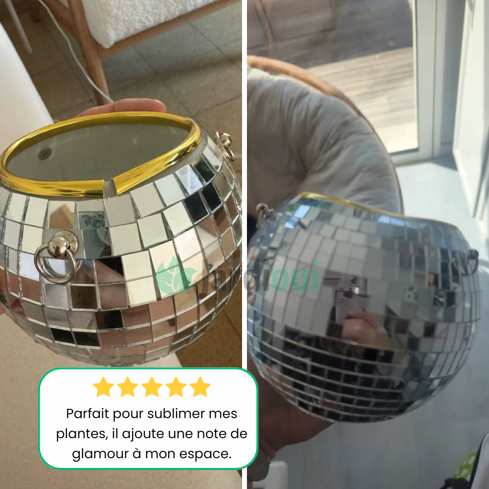 Maceta con bola de discoteca brillante